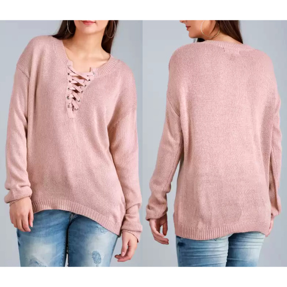 Forever 21 Women's Dusty Rose Lace-Up Front Knit Pullover Sweater Size Large - Picture 1 of 11
